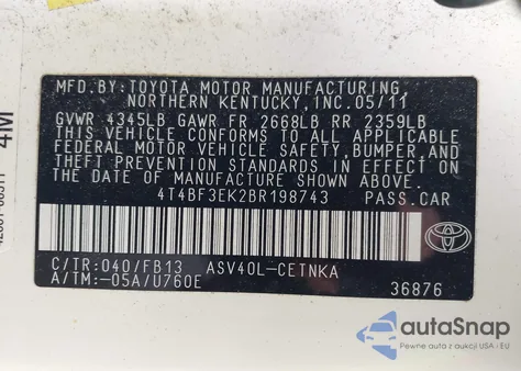 2011 Toyota Camry Le from USA, damaged, VIN 4T4BF3EK2BR198743